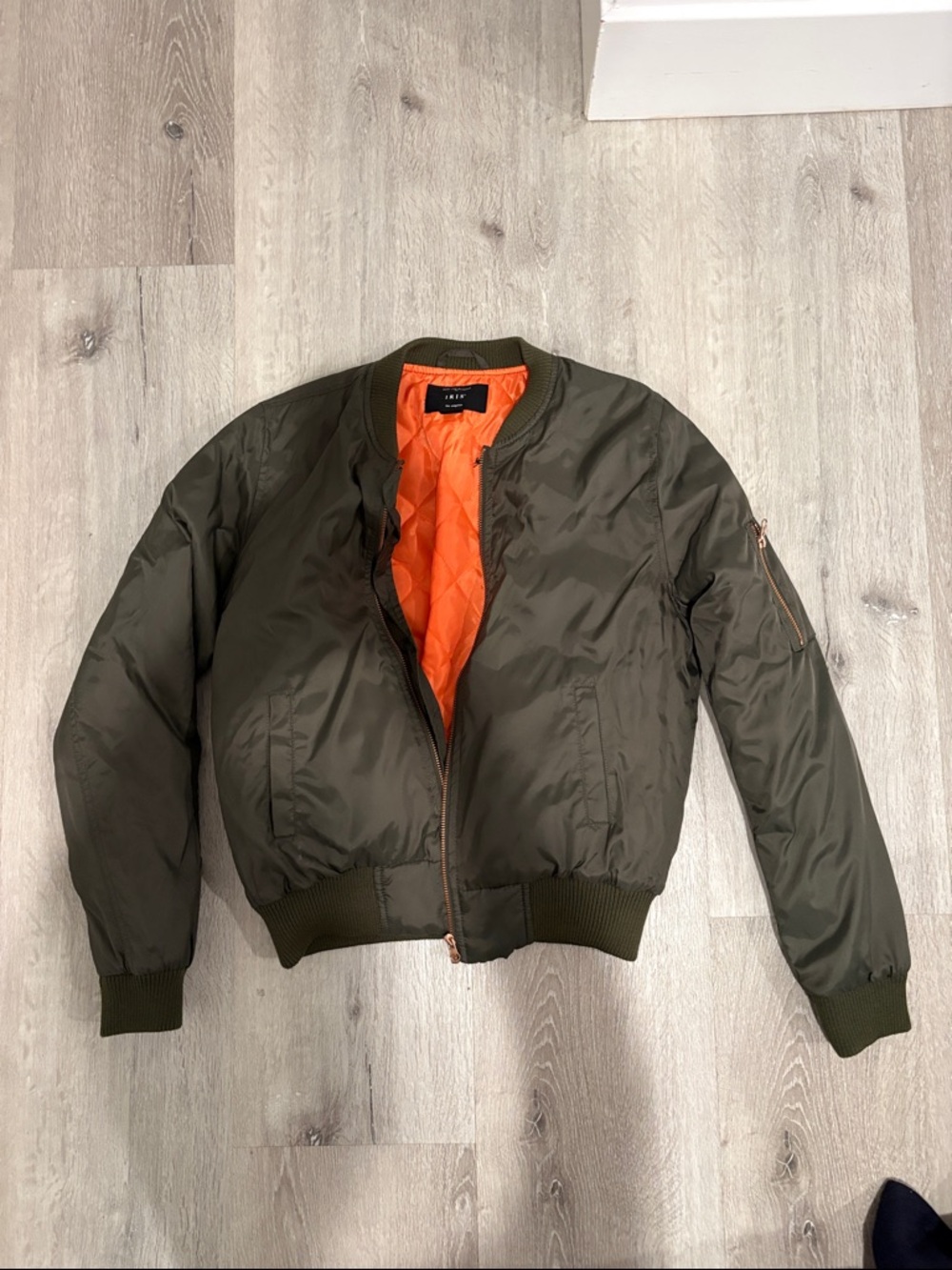 iris Olive Green Bomber Jacket with Bright Orange Lining
